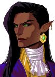  1boy ascot brown_hair burning_dollz castlevania:_nocturne dark-skinned_male dark_skin earrings eyelashes glowing glowing_eyes green_eyes highres jewelry long_hair looking_to_the_side male_focus olrox pointy_ears portrait single_earring slit_pupils solo turning_head unfinished 