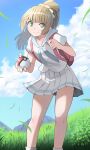  1girl backpack bag blonde_hair blue_sky closed_mouth cloud day green_eyes highres holding holding_poke_ball jourd4n lillie_(pokemon) long_hair outdoors pleated_skirt poke_ball pokemon pokemon_(game) pokemon_sm ponytail shirt skirt sky smile solo white_shirt white_skirt 