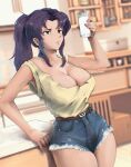  1girl :/ arm_support artist_name belt blurry blurry_background breasts brown_belt brown_eyes cleavage cup denim denim_shorts earrings english_commentary hand_up highres holding holding_cup indoors jewelry katsuragi_misato large_breasts long_hair looking_at_cup milk missfaves neon_genesis_evangelion ponytail purple_hair shorts solo tank_top thighs yellow_tank_top 