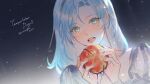  1girl absurdres apple blue_hair blue_nails dress food fruit genderswap green_eyes highres holding holding_food holding_fruit holostars holostars_english looking_at_viewer open_mouth regis_altare rm-parfait solo 