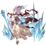  1girl breasts criss-cross_halter earrings floating_hair full_body granblue_fantasy grey_eyes hair_over_one_eye halterneck high_heels holding holding_staff ice jewelry long_hair minaba_hideo navel official_art snow_white_(granblue_fantasy) solo staff third-party_source transparent_background white_hair 