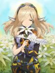  1girl asagi1111 bare_shoulders blonde_hair blue_eyes breasts celica_(xenoblade_x) elf facial_mark flower hair_over_one_eye holding lily_(flower) long_hair long_sleeves medium_breasts pointy_ears solo white_flower xenoblade_chronicles_(series) xenoblade_chronicles_x 