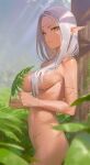  1girl belly_chain bracelet breasts completely_nude dark-skinned_female dark_elf dark_skin elf forehead grey_hair hair_censor hair_over_breasts head_chain highres jewelry kinta_(distortion) large_breasts leaf long_hair looking_at_viewer nude original parted_bangs pointy_ears sidelocks smile solo thighs tree white_hair yellow_eyes 