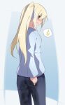  1girl ass blonde_hair blue_background blue_border blue_eyes blue_shirt blush border breasts bright_pupils commentary_request cowboy_shot embarrassed from_behind hair_ribbon highres long_hair long_sleeves looking_at_viewer looking_back open_mouth original outside_border peed_self pocket ribbon shirt sidelocks sideways_mouth simple_background small_breasts solo standing tears thought_bubble twintails watakarashi wet wet_clothes white_pupils white_ribbon 