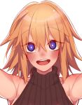  1girl bare_shoulders black_sweater blonde_hair blue_eyes blush breasts fate/grand_order fate_(series) highres jeanne_d&#039;arc_(fate) jeanne_d&#039;arc_(ruler)_(fate) large_breasts long_hair looking_at_viewer mitsurugi_sugar open_mouth ribbed_sweater sleeveless sleeveless_turtleneck smile solo sweater turtleneck turtleneck_sweater 