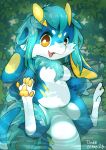  absurd_res anthro blue_body blue_fur blue_hair breasts brown_eyes chubby_female claws countershading digital_media_(artwork) double_slime feet female fur fur_tuft furred_kobold hair hi_res horn kobold lemon_(double_slime) looking_at_viewer mane markings nude open_mouth pawpads paws raised_paw reptile scalie semi-anthro smile solo tail tuft white_body white_fur yellow_markings yellow_pawpads 