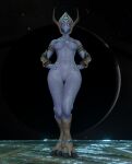  3d_(artwork) absurd_res alien alien_humanoid armor blizzard_entertainment blue_body blue_eyes blue_skin boots breasts clothing cosmic_background digital_media_(artwork) digitigrade fecharis female footwear gauntlets genitals gloves hands_on_hips handwear headgear helmet hi_res humanoid looking_at_viewer lorded mostly_nude mouthless navel nipples noseless protoss pussy selendis_(starcraft) solo space standing starcraft starry_background wide_hips 