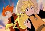  1boy 1girl animal_on_shoulder black_shirt blonde_hair flower hair_between_eyes hat highres jacket kanata_enami lance_(pokemon) official_style open_mouth orange_hair orange_tunic outdoors pink_flower pokemon pokemon_adventures red_jacket reverse_trap shirt short_hair smile spiked_hair straw_hat yellow_(pokemon) 