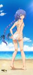  1girl absurdres adjusting_clothes adjusting_swimsuit ahoge ass bare_arms bare_legs barefoot beach bikini blue_eyes blue_hair blush braid breasts butt_crack closed_mouth cloud copyright_name day floating_hair from_behind full_body hair_between_eyes highres long_hair mushoku_tensei ocean outdoors roxy_migurdia shoulder_blades side-tie_bikini_bottom sideboob small_breasts soles solo standing summer swimsuit twin_braids very_long_hair white_bikini 