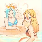  2girls adjusting_eyewear axel_syrios ball beachball bikini blonde_hair blue_eyes blue_hair genderswap genderswap_(mtf) hanhan_(sharialene22) highres holostars holostars_english long_hair looking_at_viewer multicolored_hair multiple_girls partially_submerged red_hair regis_altare streaked_hair sunglasses swimsuit virtual_youtuber yellow_innertube 