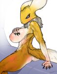  anthro bandai_namco big_breasts black_sclera blue_eyes breasts canid canine digimon digimon_(species) female fur glistening glistening_body glistening_breasts glistening_eyes hi_res mammal nipples renamon sackrany solo tagme tuft white_body white_fur yellow_body yellow_fur 