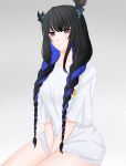  1girl absurdres braid breasts highres hololive hololive_english horns long_hair long_shirt looking_at_viewer multicolored_hair nerissa_ravencroft non-web_source red_eyes smile solo twin_braids uneven_horns virtual_youtuber white_background 