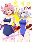  2girls ahoge anger_vein animal_ears artist_name bare_arms bare_legs bare_shoulders bird_ears bird_wings blue_hair blue_one-piece_swimsuit blush collarbone commission competition_swimsuit cowboy_shot grey_hair groin hair_between_eyes head_wings highres multicolored_hair multiple_girls mystia_lorelei one-piece_swimsuit open_mouth pink_eyes pink_hair red_wings rise_(rise19851203) school_swimsuit short_hair signature single_head_wing skeb_commission swimsuit tokiko_(touhou) touhou two-tone_hair white_wings wings 