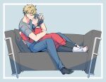  1boy 1girl bare_shoulders black_hair blonde_hair blush breasts couch couple hairband hetero hug husband_and_wife indoors kamimiya long_hair long_sleeves lying on_couch red_eyes red_sweater shirt short_hair sitting spy_x_family surprised sweater twilight_(spy_x_family) yor_briar 