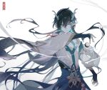  1boy aqua_hair black_hair bridal_gauntlets chinese_clothes closed_mouth dan_heng_(honkai:_star_rail) dragon_boy dragon_horns expressionless highres honkai:_star_rail honkai_(series) horns long_hair long_sleeves male_focus multicolored_hair official_alternate_hairstyle pointy_ears solo white_background yue_(shemika98425261) 