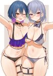  2girls absurdres bikini black-framed_eyewear blue_hair blush breast_press breasts brown_eyes character_request choco_tanuki choker cleavage closed_mouth colored_inner_hair earrings glasses grey_bikini grey_hair highres jewelry large_breasts looking_at_viewer multicolored_hair multiple_girls nijisanji one_eye_closed open_mouth pink_hair purple_bikini purple_nails red_eyes round_eyewear short_hair smile stud_earrings swimsuit symmetrical_docking virtual_youtuber 