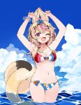  1girl ;d ahoge animal_ear_fluff animal_ears armpits arms_up ass_visible_through_thighs bikini black_hair blonde_hair blue_bow blush bow braid breasts cleavage cloud collarbone day fox_ears fox_girl fox_tail hair_bow hair_ornament hair_over_shoulder heart heart-shaped_pupils highres hololive innertube long_hair looking_at_viewer medium_breasts mota multicolored_hair navel omaru_polka one_eye_closed open_mouth outdoors pink_hair purple_eyes side_braid single_braid skindentation sky smile solo standing stomach streaked_hair swimsuit symbol-shaped_pupils tail underboob virtual_youtuber wading water wet 