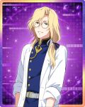  1boy belt blonde_hair buttons coat glasses green_eyes idolmaster idolmaster_side-m idolmaster_side-m_growing_stars long_hair looking_at_viewer male_focus official_art sleeves_rolled_up smile solo teeth tsuzuki_kei white_coat 