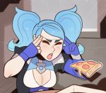  1girl asymmetrical_gloves blue_eyes breasts cleavage cleavage_cutout closed_eyes clothing_cutout concentrating elbow_gloves emphasis_lines evie_(paladins) fingerless_gloves fingers_to_head food gloves man_levitating_pizza_(meme) medium_breasts meme open_mouth paladins pizza pizza_box pizza_slice single_elbow_glove single_fingerless_glove solo splashbrush telekinesis twintails upper_body 