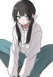  1girl ahute black_hair blue_eyes feet_out_of_frame green_pants hair_ornament hands_on_feet highres jacket long_hair looking_at_viewer original pants parted_lips simple_background sketch solo twintails white_background white_jacket 