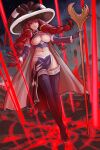  1girl absurdres artstation_logo breasts cape contrapposto detached_sleeves fairy_tail ground hat highres holding holding_staff instagram_logo irene_belserion large_breasts long_hair magic midriff navel open_hand pelvic_curtain pencilequipped quad_braids red_eyes red_hair revealing_clothes staff standing thighhighs underboob wizard wizard_hat 