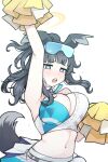  1girl animal_ears arm_up armpits bare_arms bare_shoulders black_hair blue_archive blue_eyes blush bouncing_breasts breasts cheerleader crop_top dog_ears dog_girl dog_tail eyewear_on_head facial_mark goggles goggles_on_head halo hibiki_(blue_archive) hibiki_(cheer_squad)_(blue_archive) holding holding_pom_poms jorin large_breasts long_hair looking_at_viewer midriff millennium_cheerleader_outfit_(blue_archive) navel official_alternate_costume pom_pom_(cheerleading) skirt sleeveless solo star_(symbol) star_sticker sticker_on_face stomach tail text_print upper_body white_background white_skirt yellow_halo 