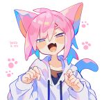  1boy :d absurdres animal_ears blue_eyes blush blush_stickers bright_pupils cat_boy cat_day cat_ears cat_tail claw_pose collarbone commentary_request cowlick dated fang fingernails hair_between_eyes half-closed_eyes heart heart_in_mouth heterochromia highres hood hood_down hoodie kemonomimi_mode long_sleeves looking_at_viewer male_focus open_mouth original paw_print pink_eyes pink_hair raito-kun_(uenomigi) sharp_fingernails short_hair simple_background skin_fang smile solo straight-on tail uenomigi upper_body white_background white_hoodie white_pupils 