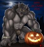  abs absurd_res anthro biceps black_hair black_nose bottomwear bulge canid canine canis claws clothing cuff_(restraint) fangs feet food fruit full_moon fur grey_body grey_fur hair halloween hetaniel hi_res holidays jack-o&#039;-lantern kneeling looking_at_viewer male mammal moon muscular muscular_anthro muscular_male muscular_thighs nipples pecs pink_nipples plant pumpkin restraints shackles sky solo solo_focus teeth toe_claws toes triceps wolf yellow_eyes 