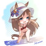  1girl animal_ears bikini breasts chibi commentary dated ears_through_headwear grass_wonder_(umamusume) hat hat_ribbon highres horse_ears horse_girl horse_tail leaning_forward light_brown_hair long_hair looking_to_the_side navel no_nose open_mouth red_bikini ribbon scrunchie signature smile solo sparkle swimsuit tail thighs umamusume very_long_hair warashi water white_headwear wrist_scrunchie 