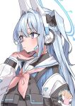  1girl animal_ears black_bow blue_archive blue_hair bow braid closed_mouth crown_braid fake_animal_ears gloves hair_bow halo hand_up haruyuki_(gffewuoutgblubh) headset light_blue_hair light_blush long_hair long_sleeves looking_afar miyako_(blue_archive) neckerchief one_side_up pink_gloves pink_neckerchief plate_carrier purple_eyes rabbit_ears sailor_collar shoulder_pads simple_background solo upper_body white_background white_sailor_collar 