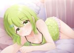  1girl bangs bare_arms bare_shoulders bed bed_sheet blush breasts camisole cleavage closed_eyes collarbone curtains downblouse flower flower_necklace green_camisole green_eyes green_hair hair_between_eyes hair_ornament hairclip highres jewelry looking_at_viewer lying medium_breasts morinaka_kazaki necklace nemuri_usagi_yufoo nijisanji on_bed on_side pajamas pillow short_shorts shorts smile solo thighs virtual_youtuber 