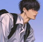  1boy backpack bag black_bag black_eyes black_hair blue_background closed_mouth collared_shirt earphones male_focus profile rukawa_kaede shirt short_hair slam_dunk_(series) solo soyung_pi upper_body white_shirt 