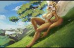  abs acupa anthro antlers areola arm_support big_breasts blonde_hair blush breasts brown_areola dragon feathered_wings feathers female fish glistening glistening_body gold_(metal) hair halo hi_res horn hybrid marine multicolored_body muscular muscular_anthro muscular_female nude one_leg_up orianne_larone raised_leg shaded shark sitting solo thick_thighs wings yellow_body 
