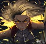  1girl absurdres armor artist_name blonde_hair clenched_teeth ferlanoppa glowing glowing_hair highres league_of_legends long_hair looking_at_viewer piercing rell_(league_of_legends) scar scar_on_arm solo teeth upper_body yellow_eyes 