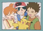  1girl 2boys :d ash_ketchum black_hair blue_jacket blush border brock_(pokemon) brown_hair brown_shirt closed_eyes eyelashes green_vest grin hat jacket misty_(pokemon) multiple_boys open_clothes open_mouth open_vest orange_hair oyul_o pikachu pokemon pokemon_(anime) pokemon_(creature) pokemon_journeys shirt short_hair sleeveless sleeveless_jacket sleeveless_shirt smile spiked_hair suspenders t-shirt teeth vest white_background white_shirt yellow_shirt 