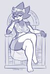  anthro barefoot biped bottomwear bracelet breasts chair clothed clothing crossed_legs crown digital_media_(artwork) egyptian fan_character feet felid female fingers fur furniture generation_4_pokemon hair headgear hi_res jewelry lips lipstick looking_at_viewer loshon luxray makeup mammal monochrome necklace nintendo pokemon pokemon_(species) queen royalty simple_background sitting skirt smile solo thick_thighs throne toes translucent translucent_clothing under_boob wide_hips 
