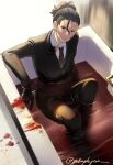  1boy bathtub black_eyes black_hair black_pants black_suit blood blood_on_clothes blood_on_face blood_stain buddy_daddies formal gun hair_between_eyes hair_slicked_back highres holding holding_gun holding_weapon indoors looking_at_viewer necktie pants red_necktie sitting solo suit suwa_rei vest weapon zypherinth 