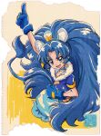  1girl animal_ears blue_choker blue_eyes blue_gloves blue_hair blue_jacket choker commentary_request cure_gelato earrings english_commentary eyelashes fur-trimmed_jacket fur_trim gloves hair_ornament happy jacket jewelry kamikita_futago kirakira_precure_a_la_mode long_hair looking_at_viewer magical_girl partial_commentary ponytail precure smile solo standing tail tategami_aoi 