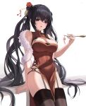  1girl absurdres bare_shoulders black_hair blue_eyes breasts brown_thighhighs china_dress chinese_clothes cleavage cleavage_cutout clothing_cutout covered_navel cowboy_shot dress feather_boa garter_straps gold_trim hair_bun hair_ornament hairpin hand_up highres holding kiseru large_breasts long_hair looking_at_viewer moko_(jw7436) mole mole_under_eye mole_under_mouth no_panties original parted_lips pelvic_curtain red_dress sidelocks simple_background sleeveless sleeveless_dress smoking_pipe solo standing thighhighs thighs twintails very_long_hair white_background 