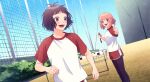  2girls :d black_pantyhose brown_eyes brown_hair bush day honeyworks hurdle kokuhaku_jikkou_iinkai multiple_girls outdoors pantyhose purple_eyes red_shorts running setoguchi_hina shirt short_sleeves shorts smile stopwatch suzumi_hiyori tamakingx422x thumbs_up white_shirt 