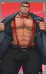  1boy abs averting_eyes bara bare_pectorals beard_stubble bow bowtie bulge covered_penis dark-skinned_male dark_skin erection erection_under_clothes feet_out_of_frame groin highres jacket large_areolae large_pectorals male_focus male_underwear male_underwear_peek mature_male muscular muscular_male mustache_stubble navel navel_hair nipples no_shirt open_clothes open_jacket original pectorals precum precum_through_clothes red_bow red_bowtie short_hair shy solo sparse_chest_hair stomach strongman_waist suit_jacket superman_exposure thick_eyebrows thick_thighs thighs underwear weisun_(leoooliooon) 