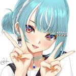  1girl black_sailor_collar blue_hair blush choker double_v earrings gyaru hair_bun head_tilt heart heart_earrings jewelry lips looking_at_viewer multicolored_hair orange_eyes orange_nails prsdubstep sailor_collar shiranami_ramune shirt short_hair simple_background smile solo streaked_hair v virtual_youtuber vspo! white_background white_choker white_hair white_shirt 