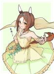  1girl absurdres animal_ears brown_hair dress fine_motion_(titania)_(umamusume) fine_motion_(umamusume) from_above hair_between_eyes hair_bun hair_ribbon highres horse_ears horse_girl long_hair looking_at_viewer maromaron_taitei official_alternate_costume one-hour_drawing_challenge ribbon sidelocks single_hair_bun solo the_promised_time:_silks_&amp;_three_riddles_(umamusume) tiara umamusume wedding_dress white_hair yellow_eyes 