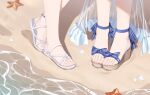  2girls azusa_(blue_archive) azusa_(swimsuit)_(blue_archive) beach bingchuan_xian_yu_huang blue_archive blue_bow blue_footwear bow commentary feet flower foot_focus footwear_bow footwear_flower hifumi_(blue_archive) hifumi_(swimsuit)_(blue_archive) highres multiple_girls official_alternate_costume platform_footwear sandals seashell shell standing starfish symbol-only_commentary toenails toes white_flower white_footwear 