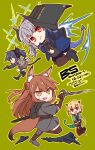  4girls :d absurdres animal_ear_fluff animal_ears arknights axe black_gloves black_hair black_shirt blonde_hair blue_jacket blue_skirt brown_eyes brown_hair brown_thighhighs chibi closed_mouth franka_(arknights) gloves green_background green_jacket grey_hair grey_shirt grey_skirt gun handgun highres holding holding_axe holding_gun holding_sword holding_weapon horns jacket jessica_(arknights) liskarm_(arknights) multiple_girls open_mouth pleated_skirt ponytail puffy_short_sleeves puffy_sleeves red_eyes riot_shield shield shirt short_hair short_sleeves simple_background skirt smile sword tail thighhighs translation_request vanilla_(arknights) wakita_piyosuke weapon weapon_request 