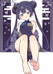  1girl :o arm_support bare_legs barefoot black_background black_coat black_dress black_gloves black_hair blue_archive blue_eyes butterfly_hair_ornament china_dress chinese_clothes coat commentary dot_nose double_bun dragon_print dress flat_chest gloves hair_between_eyes hair_bun hair_ornament halo kisaki_(blue_archive) legs light_blush long_hair looking_at_viewer onyhakase side_slit sitting sleeveless sleeveless_dress solo striped striped_coat thighs twintails vertical-striped_coat 