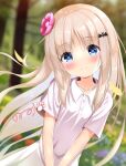  1girl bat_hair_ornament blonde_hair blue_eyes blush dress flower hair_flower hair_ornament hairclip kud_wafter kudpoid_(71139) little_busters! long_hair looking_at_viewer noumi_kudryavka outdoors short_sleeves smile solo upper_body white_dress wind 