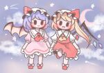  2girls :d ascot bat_wings blonde_hair blue_hair blush bow chibi cloud crescent_moon crystal dress flandre_scarlet footwear_bow frilled_shirt_collar frills full_body happy hat head_tilt holding_hands mitama311 mob_cap moon multiple_girls night night_sky one_side_up open_mouth pink_dress puffy_short_sleeves puffy_sleeves red_ascot red_skirt red_vest remilia_scarlet shooting_star short_hair short_hair_with_long_locks short_sleeves siblings sisters skirt sky smile standing standing_on_one_leg star_(symbol) swept_bangs touhou vest wings yellow_ascot 