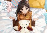  1girl aoi_sakura_(seak5545) barefoot brown_hair brown_pants brown_shirt calendar_(object) commentary_request earrings holding holding_stuffed_toy indoors jewelry long_hair long_sleeves looking_at_viewer multicolored_clothes on_bed original pants pillow shirt smile soles solo straight-on stuffed_animal stuffed_rabbit stuffed_toy teddy_bear toes wide_sleeves yellow_shirt 