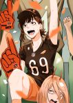  arms_up artist_name baseball_cap black_eyes black_hair black_shirt blonde_hair chainsaw_man commission crosshair_pupils english_text foam_finger hair_ornament hairclip hat higashiyama_kobeni highres horns long_hair number_print open_mouth orange_eyes orange_shorts pastepiphany ponytail power_(chainsaw_man) screaming sharp_teeth shirt short_hair short_sleeves shorts sitting stadium sweatdrop teeth tongue 